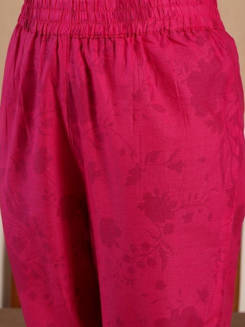 W Pink Floral Printed Straight Pure Cotton Kurta with Trousers - Image 3