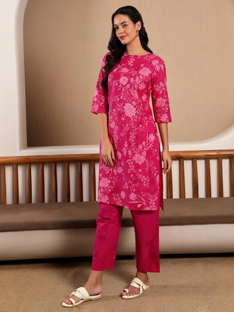 W Pink Floral Printed Straight Pure Cotton Kurta with Trousers - Image 5