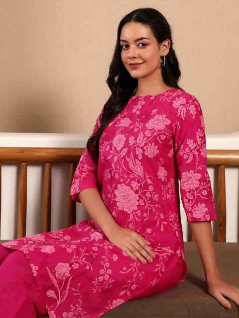 W Pink Floral Printed Straight Pure Cotton Kurta with Trousers - Image 7