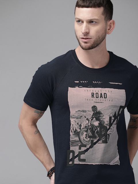 Roadster Men Navy Blue Printed Round Neck T-shirt