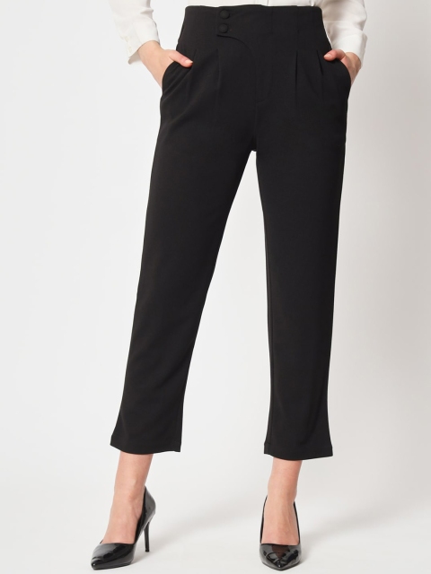 Zastraa Women Black Peg Leg Slim Fit High-Rise Pleated Formal Trousers