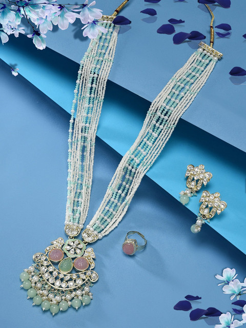 Zaveri Pearls Gold-Plated Kundan-Studded & Beaded Jewellery Set & Finger Ring