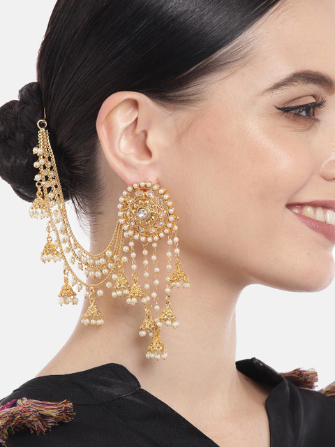 Aadvik Designs Gold-Plated Contemporary Jhumkas Earrings with Chain