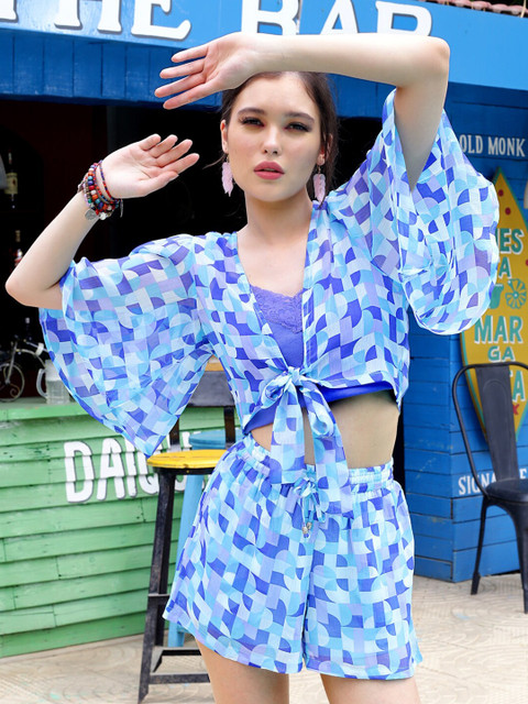 Sera Blue Geometric Printed Crop Tie-Up Shrug