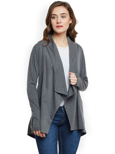 Hypernation Women Charcoal Solid Open Front Shrug