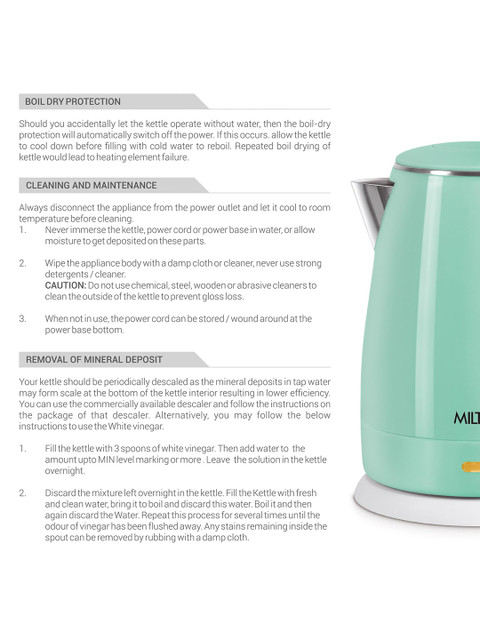 Milton Riga Light Green Stainless Steel 1500W Double Walled Electric Kettle 1.5 L - Image 5