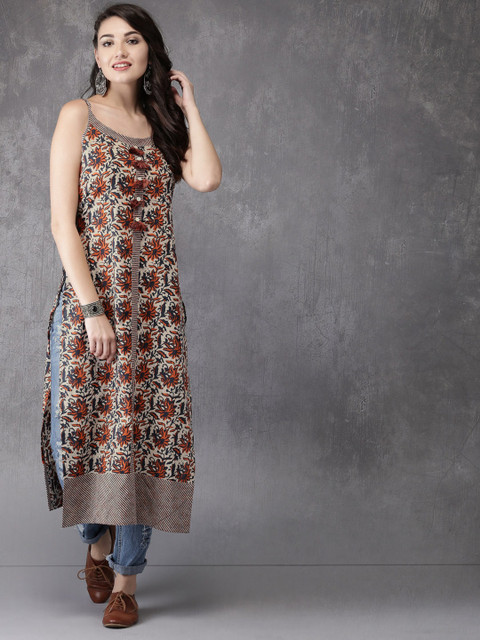 Anouk Women Off-White & Navy Printed A-Line Kurta