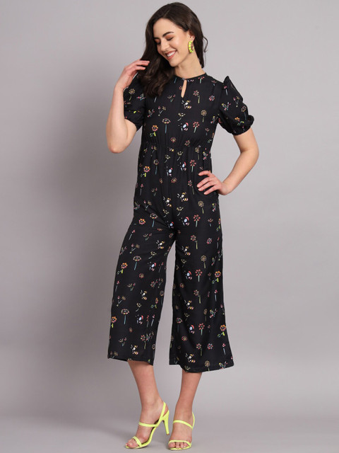 The Dry State Black & Pink Floral Printed Overall Capri Jumpsuit