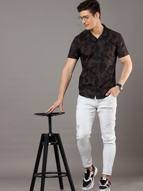 Moda Rapido Black Floral Printed Cuban Collar Slim Fit Cotton Casual Shirt - Image 5