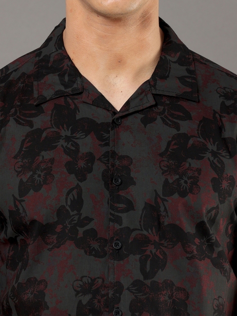 Moda Rapido Black Floral Printed Cuban Collar Slim Fit Cotton Casual Shirt - Image 2
