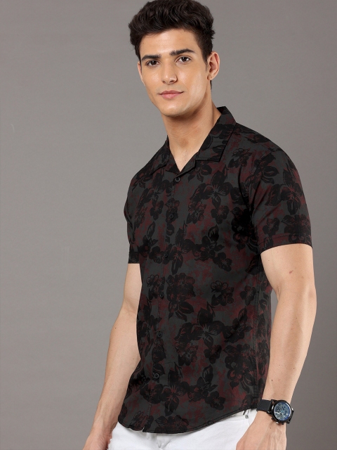Moda Rapido Black Floral Printed Cuban Collar Slim Fit Cotton Casual Shirt - Image 3