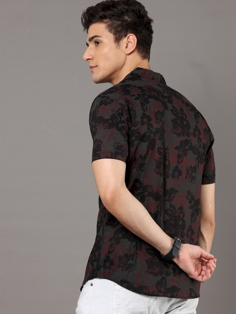 Moda Rapido Black Floral Printed Cuban Collar Slim Fit Cotton Casual Shirt - Image 4