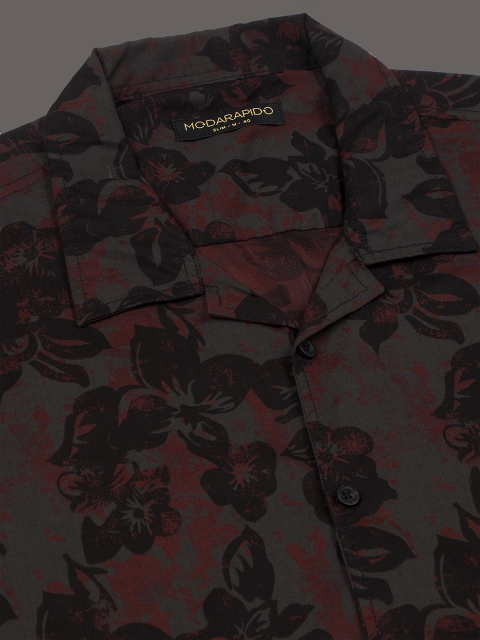 Moda Rapido Black Floral Printed Cuban Collar Slim Fit Cotton Casual Shirt - Image 6