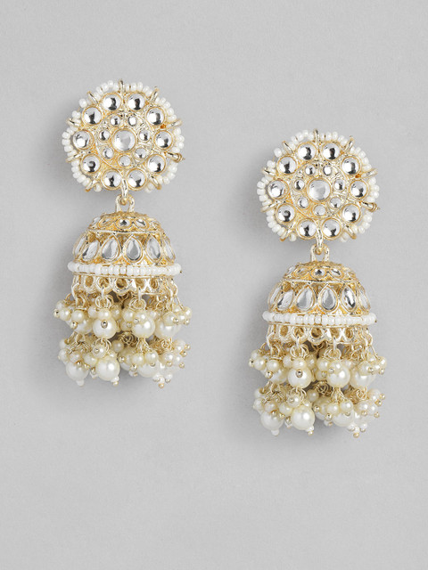 Peora Gold-Plated Pearl & Kundan Studded Contemporary Jhumkas - Image 3