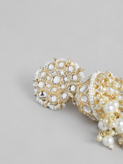 Peora Gold-Plated Pearl & Kundan Studded Contemporary Jhumkas - Image 5