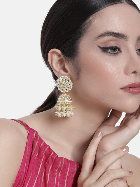 Peora Gold-Plated Pearl & Kundan Studded Contemporary Jhumkas - Image 2