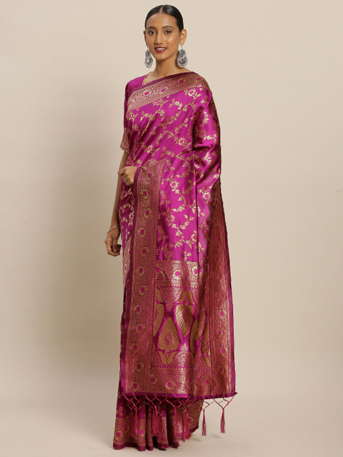 Sangria Pink Ethnic Motifs Zari Silk Blend Fusion Banarasi Saree