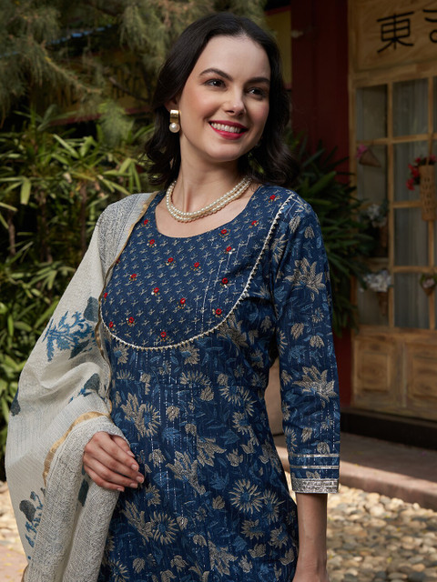 Sangria Blue Printed Gotta Patti Pure Cotton Empire A-Line Kurta with Trousers & Dupatta - Image 6