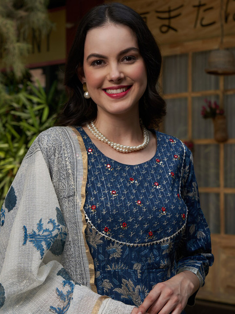 Sangria Blue Printed Gotta Patti Pure Cotton Empire A-Line Kurta with Trousers & Dupatta - Image 2