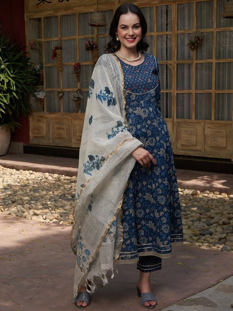 Sangria Blue Printed Gotta Patti Pure Cotton Empire A-Line Kurta with Trousers & Dupatta - Image 4