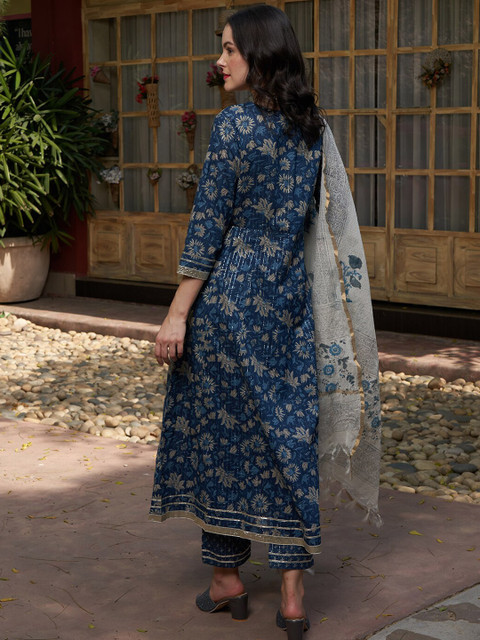 Sangria Blue Printed Gotta Patti Pure Cotton Empire A-Line Kurta with Trousers & Dupatta - Image 5