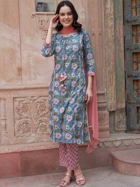 Sangria Blue Floral Printed Gotta Patti Pure Cotton Kurta with Trousers & Dupatta