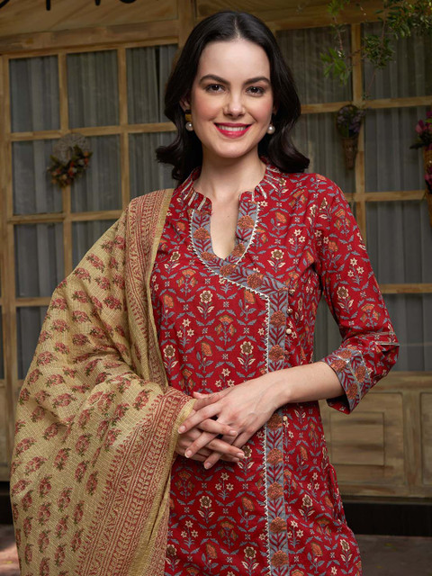 Sangria Maroon Floral Printed Angrakha Pure Cotton Kurta with Trousers & Dupatta - Image 7