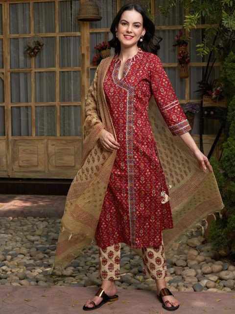 Sangria Maroon Floral Printed Angrakha Pure Cotton Kurta with Trousers & Dupatta - Image 6