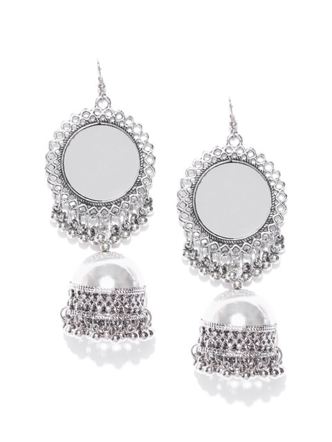 Sangria Silver-Plated Mirror-Studded Jhumka Earrings