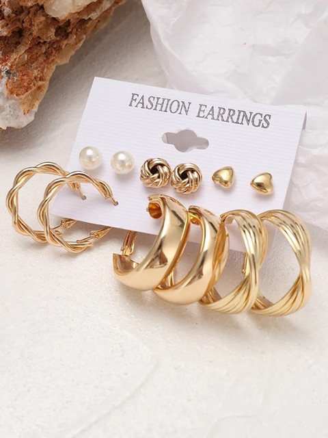 Shining Diva Fashion Set Of 6 Gold-Toned Contemporary Studs Earrings