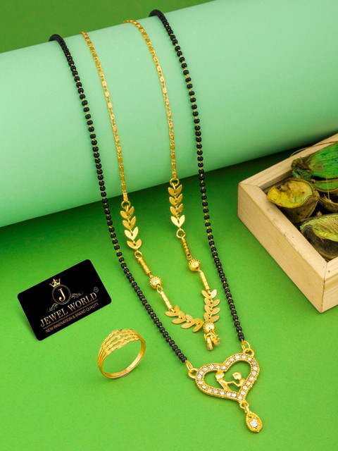 JEWEL WORLD Set Of 3 Gold-Plated Stone Studded & Beaded Mangalsutra & Chain With Ring