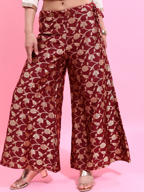 Vishudh Women Maroon & Gold-Toned Ethnic Motifs Flared Ethnic Palazzos