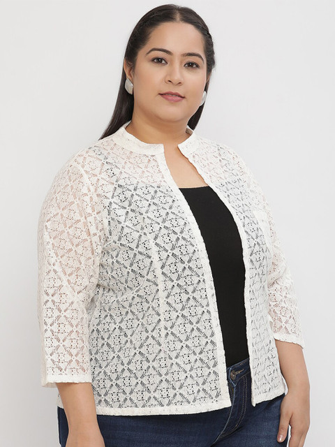 UnaOne Women Self Design Open Front Collared Shrug