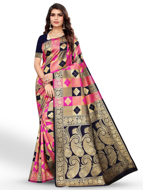 Anouk Pink & Navy Blue Ethnic Motifs Woven Design Zari Banarasi Saree