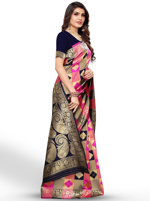 Anouk Pink & Navy Blue Ethnic Motifs Woven Design Zari Banarasi Saree - Image 2