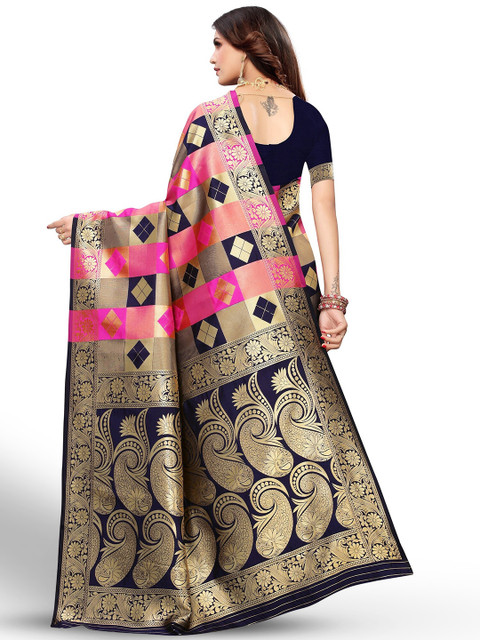 Anouk Pink & Navy Blue Ethnic Motifs Woven Design Zari Banarasi Saree - Image 4