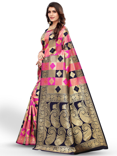 Anouk Pink & Navy Blue Ethnic Motifs Woven Design Zari Banarasi Saree - Image 3