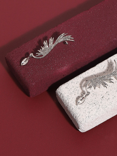 SOHI Silver-Plated Feather Shaped Ear Cuff Earrings