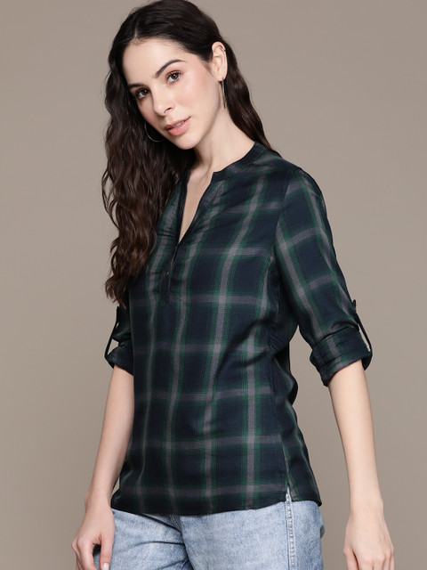 The Roadster Lifestyle Co. Checked Mandarin Collar Roll-Up Sleeves Shirt Style Top