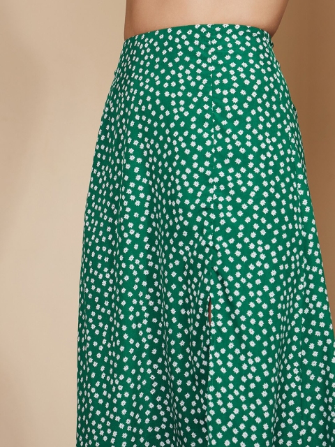 Berrylush Women Green Floral Printed High Rise Front Slit Midi Skirt - Image 6