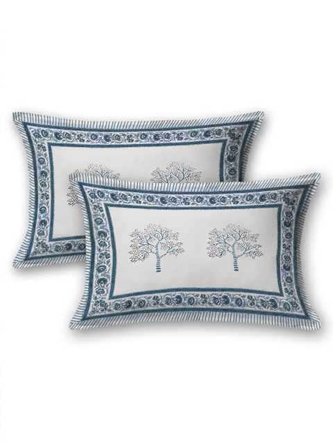 Sangria White & Blue Floral-Printed 210TC Cotton King Bedsheet With 2 Pillow Covers - Image 4