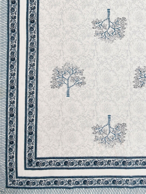 Sangria White & Blue Floral-Printed 210TC Cotton King Bedsheet With 2 Pillow Covers - Image 6