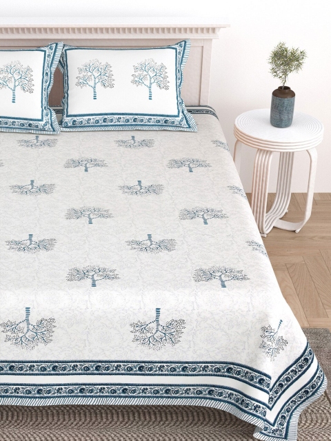 Sangria White & Blue Floral-Printed 210TC Cotton King Bedsheet With 2 Pillow Covers - Image 3