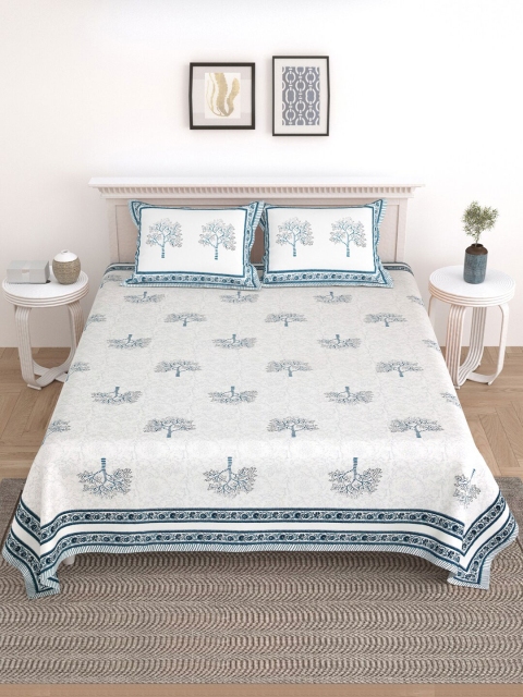 Sangria White & Blue Floral-Printed 210TC Cotton King Bedsheet With 2 Pillow Covers - Image 2