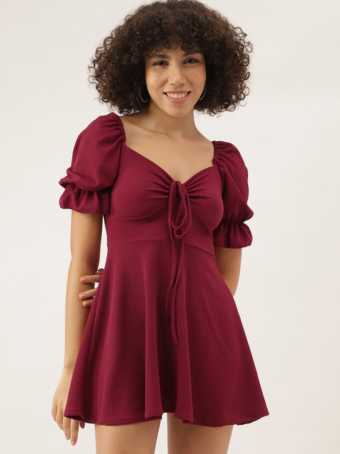 AAHWAN Solid Puff Sleeve Fit & Flare Mini Dress