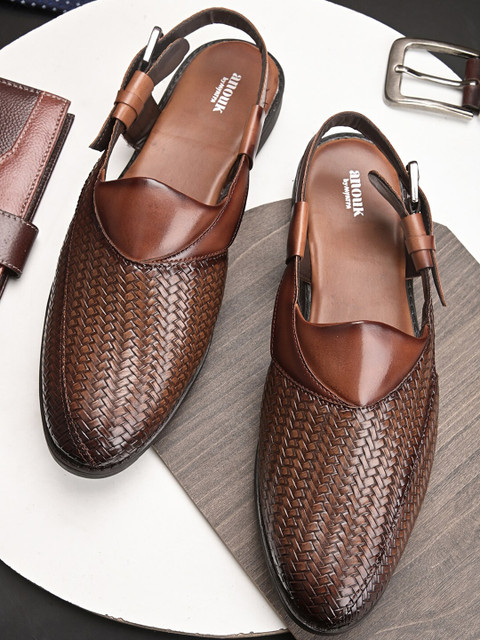 Anouk Men Tan Brown Peshawari Woven Design Shoe-Style Sandals With Buckle Closure