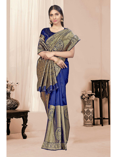 Sangria Navy Blue Ethnic Motifs Woven Design Zari Silk Blend Banarasi Saree - Image 4