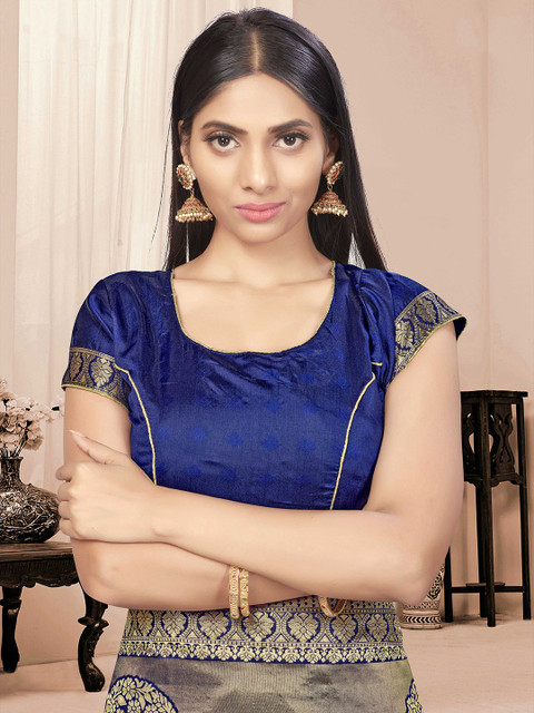 Sangria Navy Blue Ethnic Motifs Woven Design Zari Silk Blend Banarasi Saree - Image 6