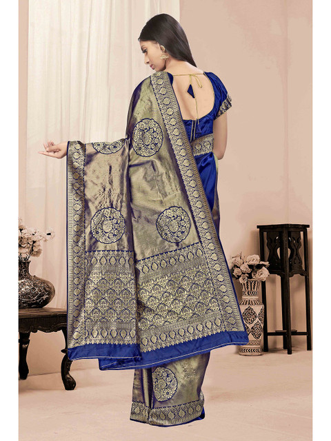 Sangria Navy Blue Ethnic Motifs Woven Design Zari Silk Blend Banarasi Saree - Image 3