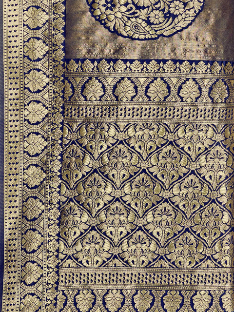 Sangria Navy Blue Ethnic Motifs Woven Design Zari Silk Blend Banarasi Saree - Image 5